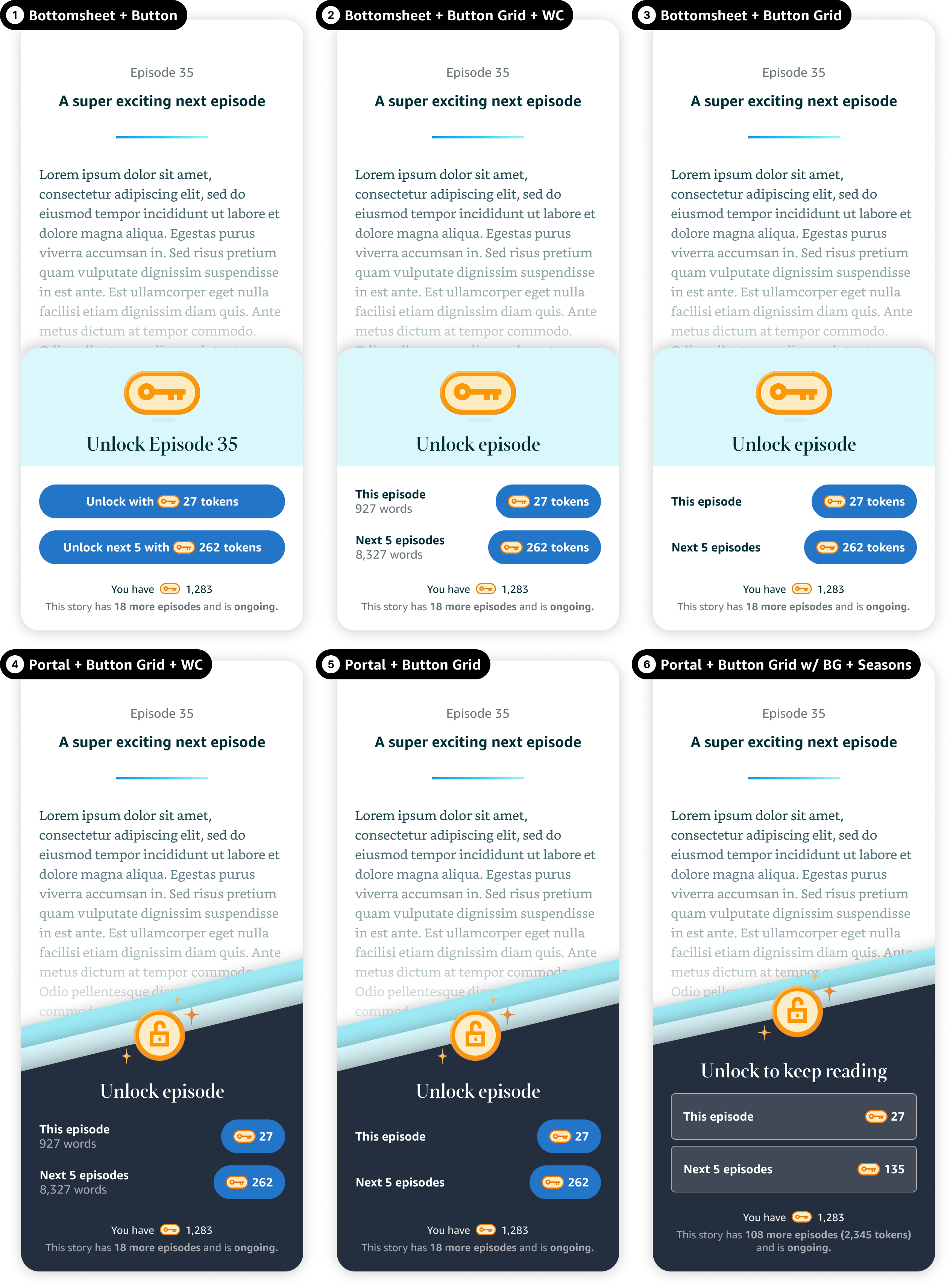 Early visual & UX design iterations of the paywall & buttons, from the least amount of change to our existing CX ("slap another button on it") to the most change ("v-portal glow-up").