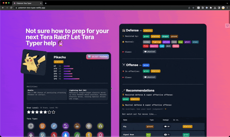 App demonstration showing type matchup calculator