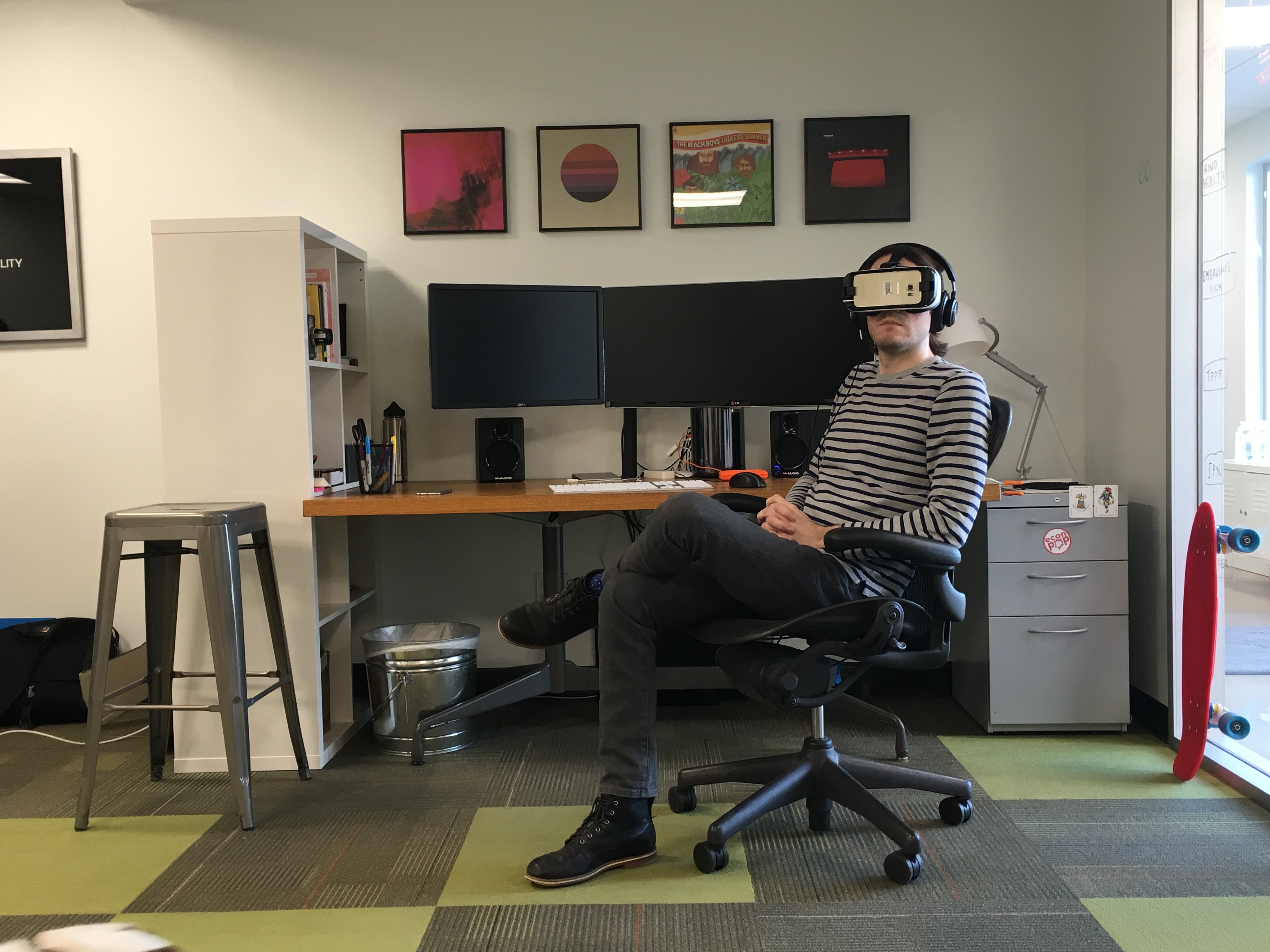 One of our VR test subjects using the popular "spinny-chair" method to see full 360-degree environments.